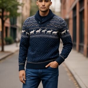 Navy Nordic print sweater Winter reindeer/ snowflake birdseye Apres Ski sz M